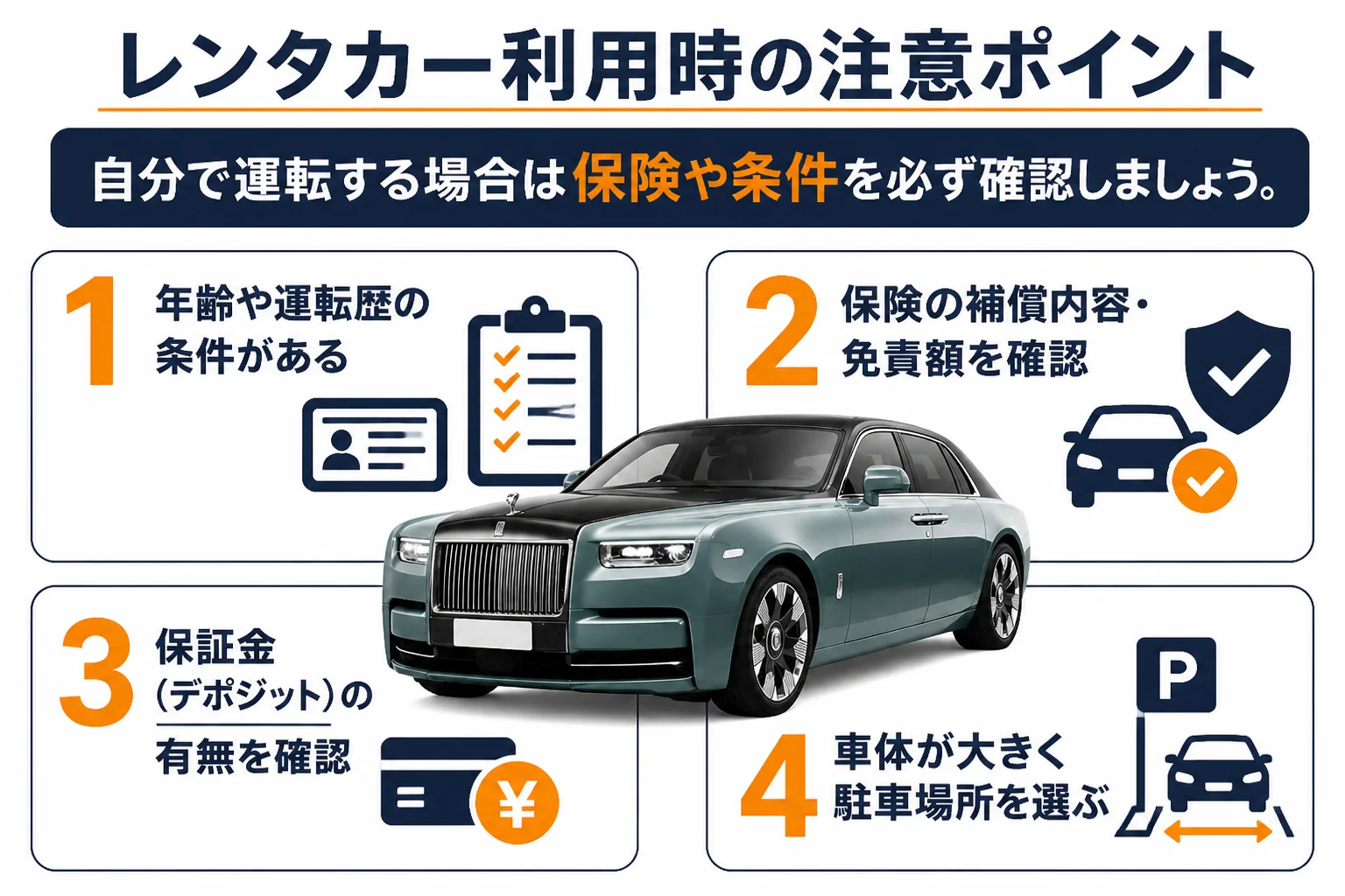 ロールスロイスのレンタカー利用時に確認すべきポイントをまとめた図解