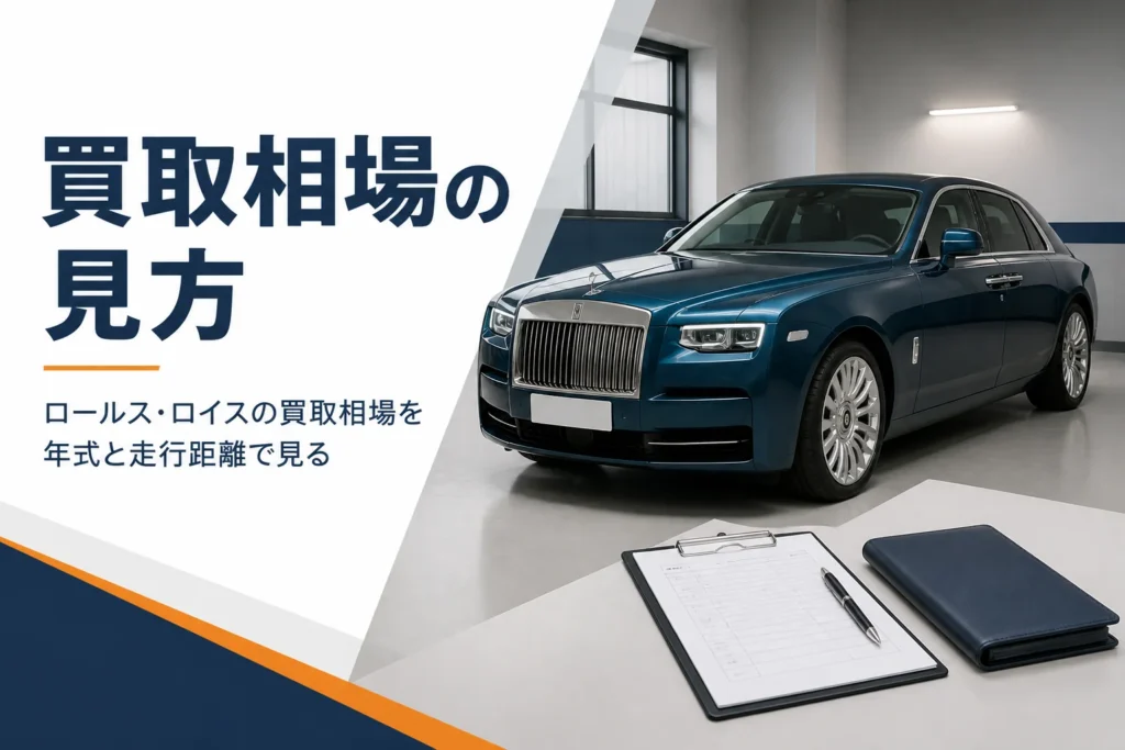 高級サルーンの横に査定書類が置かれたガレージのアイキャッチ