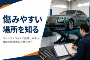 整備工場で点検を受ける大型サルーンのアイキャッチ