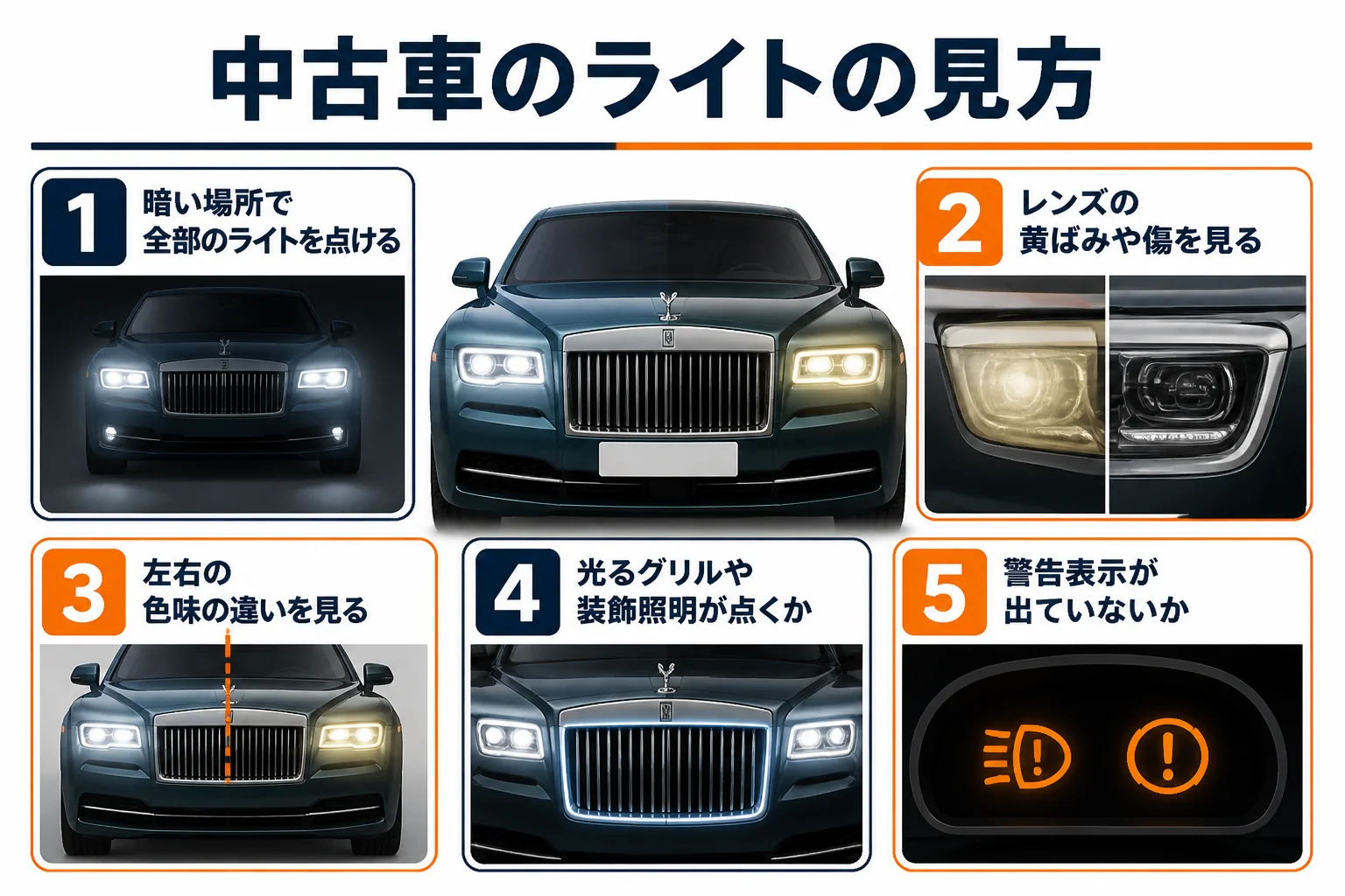 中古車でライトを確かめる手順をまとめた図解