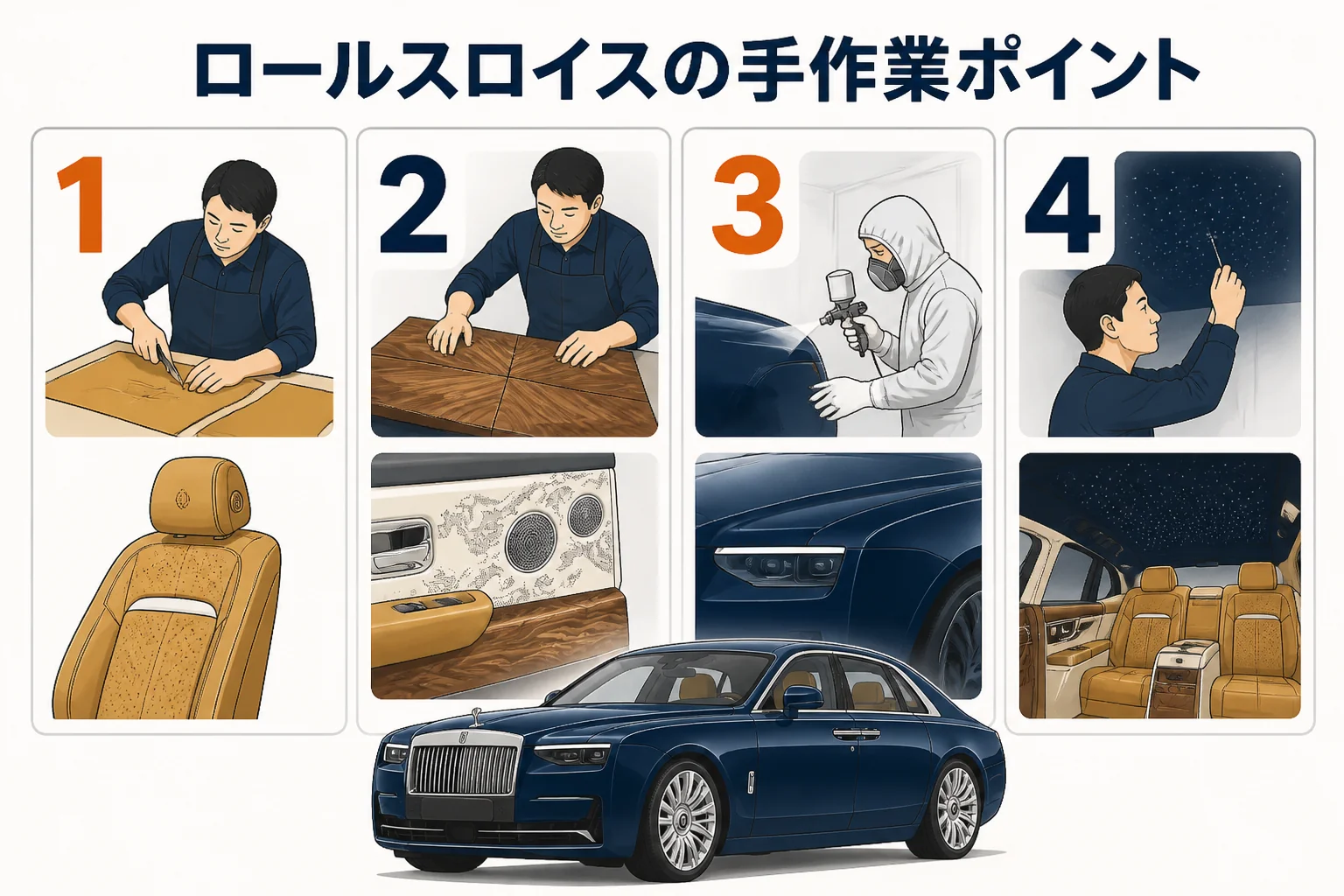 ロールスロイスの内装や塗装など手作業工程を示した図解