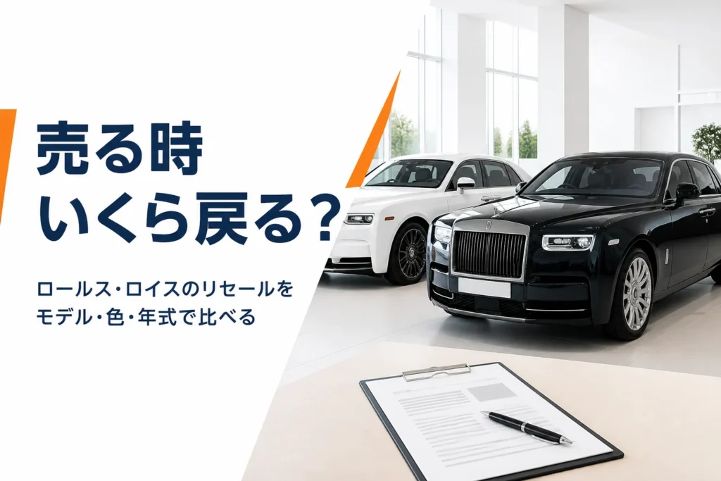 ショールームに並ぶ2台の高級車と査定書類のアイキャッチ