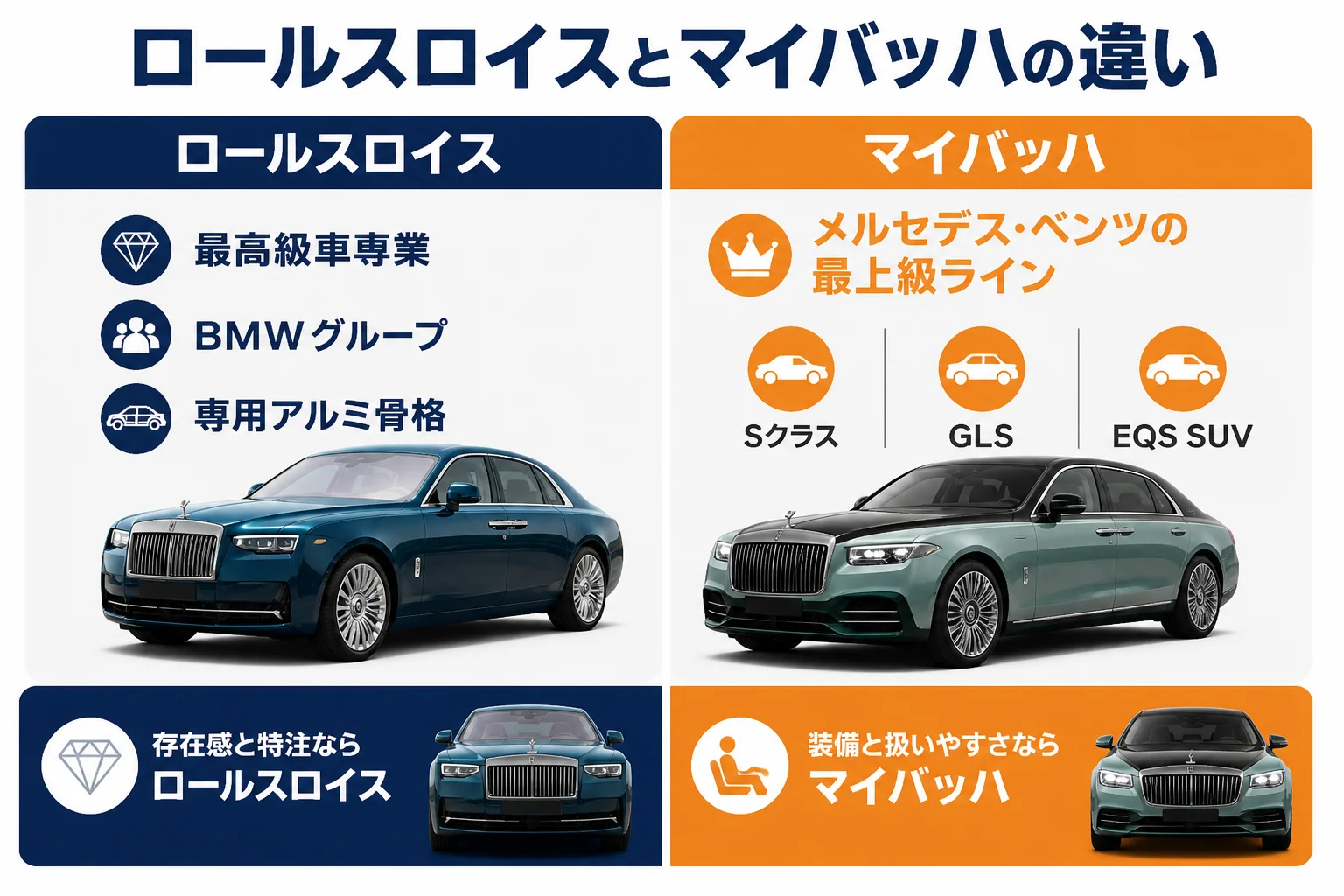 ロールスロイスとマイバッハの成り立ちの違いを比べた図解