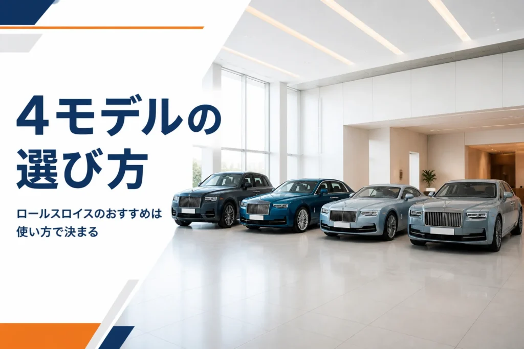 高級車4台が並ぶショールームのアイキャッチ